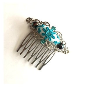 Decorated Hair Comb - Yellow with Peridot crystal Patina with emerald crystal Elvish fantasy jewelry - Special one of a kind hand made Comb.