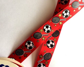 Soccer game Ribbon. Printed Sports ribbon gold foil stars. Soccer Ribbon.Tennis Red Ribbon is great for gift box, crafts, Gold foil printed