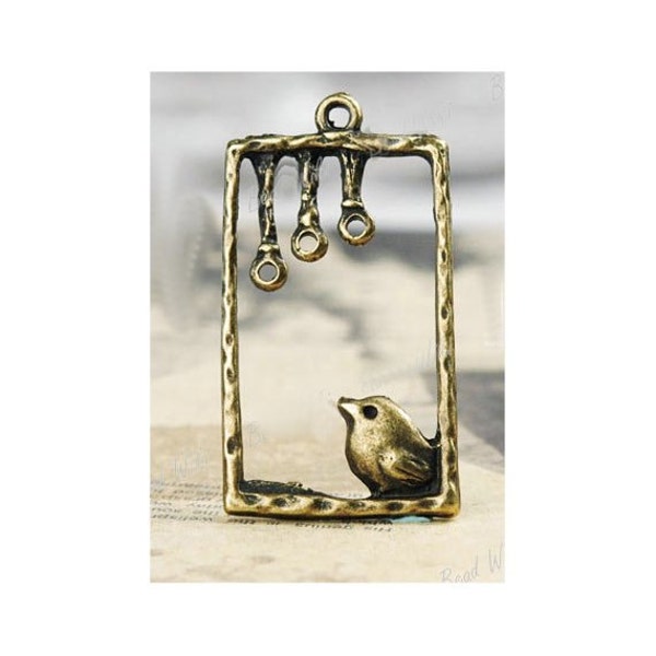 On sale - Charm 30 x 18 mm  Cute Antique Bronze Little Bird In window Frame Charm/Pendant earrings Cute Antique bird 10 Pcs.
