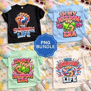 May include: A collection of four t-shirts featuring graphic prints of hands squeezing colorful squishy toys. Two shirts display the text THE SQUISH LIFE with red, white, and blue designs, while two shirts display IN MY NEEDOH ERA with green toys.