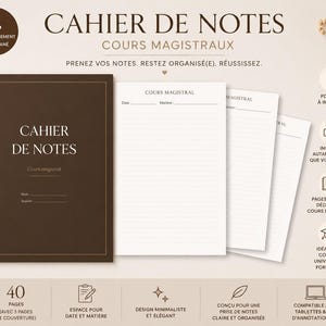 Può includere: Una copertina di quaderno marrone scuro con il testo CAHIER DE NOTES COURS MAGISTRAUX e tre pagine bianche a righe con l'intestazione COURS MAGISTRAUX e campi per data e materia. Una penna dorata è posizionata a sinistra del quaderno.