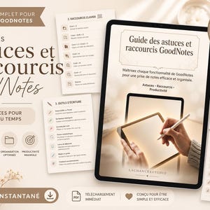 Peut inclure: Un guide numérique intitulé Guide des astuces et raccourcis GoodNotes comprenant 10 pages de raccourcis clavier et d'outils d'écriture. Le document présente des icônes pour les astuces pratiques, les raccourcis, l'organisation et la productivité, dans des tons beiges.