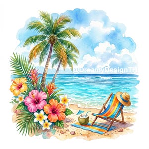 May include: A watercolor illustration of a tropical beach scene featuring two palm trees, vibrant pink, yellow, and orange hibiscus flowers, a striped lounge chair with a straw hat, and a coconut drink with a blue umbrella and the text DreamyDesignTH.