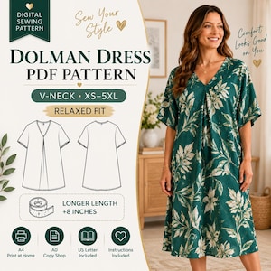 May include: A digital sewing pattern for a V-neck dolman dress with a relaxed fit, available in sizes XS-5XL. The pattern includes options for a longer length of +20.32 cm, A4, A0, and US Letter formats, and detailed instructions for assembly.
