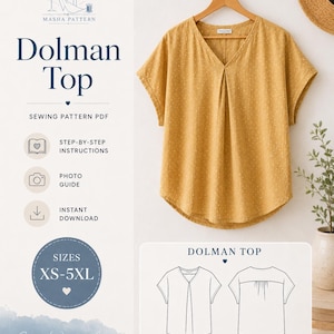 May include: A mustard yellow dolman top with a V-neckline and subtle white textured pattern, displayed on a wooden hanger. The image includes text: Masha Pattern, Dolman Top, Sewing Pattern PDF, Step-by-Step Instructions, Photo Guide, Instant Download, Sizes XS-5XL, Sew. Wear. Love.