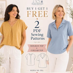 May include: A digital sewing pattern set featuring a mustard yellow V-neck dolman top and a light blue collared top. The text reads MASHA PATTERN, BUY 1 GET 1 FREE, 2 PDF Sewing Patterns, DOLMAN TOP + COLLAR TOP, SIZES XS-5XL, and INSTANT DOWNLOAD.