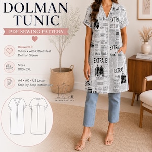 May include: A PDF sewing pattern for a dolman tunic featuring a V-neck with an offset pleat and dolman sleeves. The pattern includes sizes XXS-5XL and is available in A4, A0, and US Letter formats. The tunic has a newspaper print design.