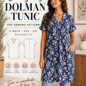 Op de afbeelding: Een marineblauwe dolman tuniek met een wit bloemenpatroon, voorzien van een V-hals, korte mouwen en zijzakken. De afbeelding bevat de tekst: Everyday DOLMAN TUNIC, PDF SEWING PATTERN, V-NECK, XXS-5XL, RELAXED FIT, INSTANT DOWNLOAD, PRINT AT HOME, A0+US LETTER, PHOTO INSTRUCTIONS.