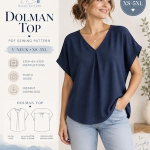 Może przedstawiać: Granatowa bluzka typu dolman z dekoltem w serek i krótkimi rękawami z mankietami. Obraz przedstawia wykrój krawiecki w formacie PDF o nazwie Dolman Top od Masha Pattern, zawierający rysunki techniczne, rozmiary XS-5XL oraz ikony instrukcji.