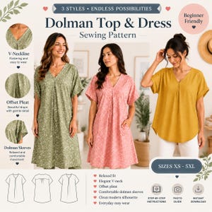 May include: A sewing pattern for a dolman top and dress featuring a V-neckline, offset pleat, and dolman sleeves. The image displays three variations in green, pink, and yellow, with technical line drawings, size range XS-5XL, and text labels.