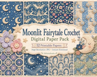 Moonlit Fairytale Crochet Digital Papers, Whimsical Scrapbook Backgrounds, Printable Junk Journal Paper