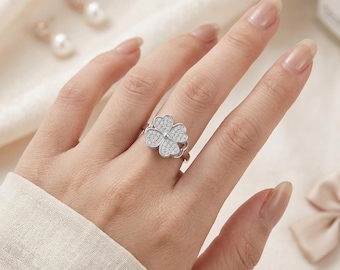 Anillo giratorio Clover, juguete antiestrés, cristales pavé, plata de ley, joyería para mujer
