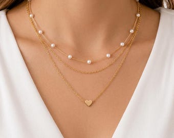 Layered Pearl Heart Necklace, Gold Multilayer Chain Jewelry