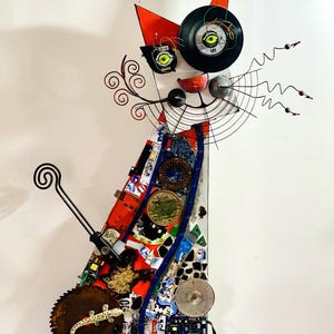 Upcycled Mixed Media Cat Sculpture, Assemblage Art, Eco-Design Wall Art