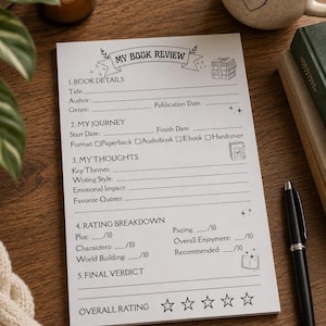 May include: A white paper notepad titled MY BOOK REVIEW with sections for book details, journey, thoughts, and rating breakdown. It includes lines for writing, checkboxes for format, and star icons for the overall rating, decorated with small book illustrations.