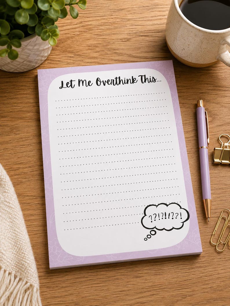 May include: A rectangular notepad with a light purple border and a white center featuring the text Let Me Overthink This at the top. The notepad has horizontal dotted lines for writing and a thought bubble graphic with question marks at the bottom.