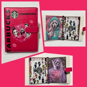 May include: A bright pink binder featuring the Starbucks logo and text, decorated with horror movie character illustrations. The interior includes ring-bound pages with graphic prints of masked figures, blood splatter patterns, and Starbucks branding.
