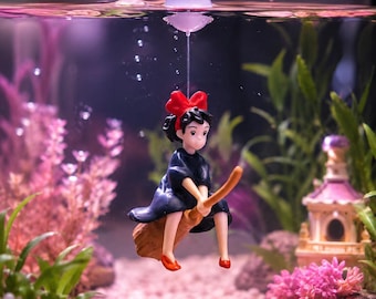 Décoration d'aquarium flottante pour fille animée sur un balai | Jolie décoration d'aquarium en PVC à suspendre, figurine Kawaii Aquascape