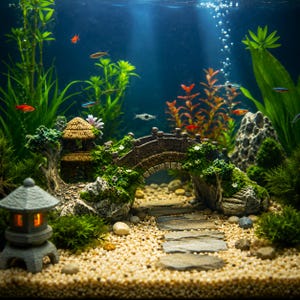 Peut inclure: Un ensemble de décoration pour aquarium comprenant un pont arqué à texture de pierre avec des accents de mousse, une petite cabane au toit de chaume et une lanterne pagode grise. Le décor inclut un gravier clair et des dalles menant sous le pont.