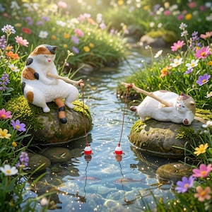 Può includere: Due statuine di gatti calico sedute su rocce coperte di muschio in un ruscello, ognuna con una piccola canna da pesca in legno con un galleggiante rosso e bianco nell'acqua. La scena è circondata da fiori selvatici e piccoli pesci.