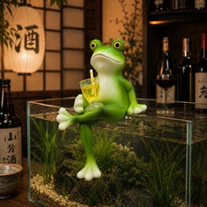 Könnte beinhalten: Eine grüne Froschfigur mit weiß gefärbten Zehenspitzen, die auf dem Rand eines Glasaquariums sitzt. Der Frosch hat große gelbe Augen und hält ein kleines, durchsichtiges Glas mit einer gelben Flüssigkeit und einem gelb-weiß gestreiften Strohhalm.