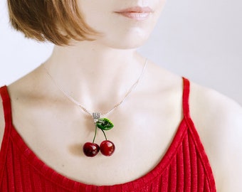 Cherry pendant necklace, pin-up style red cherry fashion jewelry, cherries chunky necklace for mom