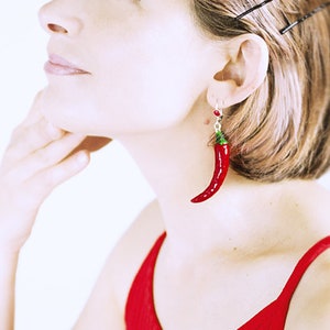 Red Chili Peppers Earrings dangle long, vegetables image 1