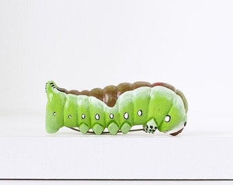 Green Caterpillar Wooden Brooch,  OOAK Handcarved Handpainted Insects Jewelry, Puss Moth caterpillar, on shoulder brooch