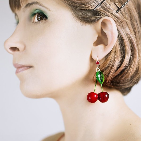 Cherry Earrings Red, cherry jewelry, bright fashion jewelry, handmade, pin-up red jewelry, cherries