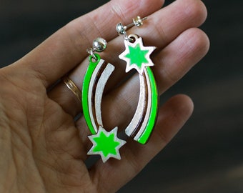 Shooting Stars Asymmetrical Earrings | tiny neon green meteors pop jewelry