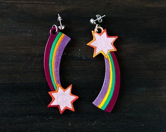 Shooting Stars Wooden Dandle Earrings | multicolor meteors 80s pop style