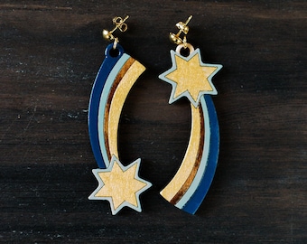 Shooting Stars Wooden Studs | golden meteor pop art earrings