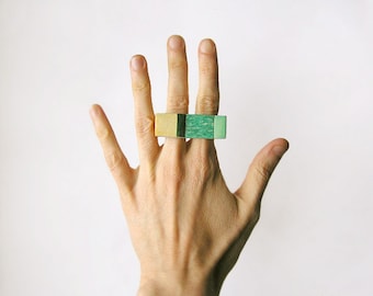 Amazonite Ring, statement knuckle gemstone geometric wooden double ring, color block minimalist fashion jewelry