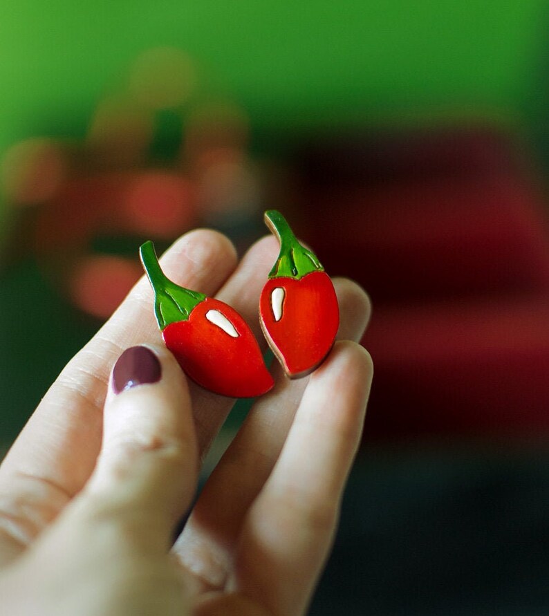 Chili Peppers Stud Earrings Hot Cherry Habanero Chile Wood Etsy