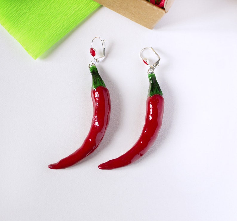 Red Chili Peppers Earrings dangle long, vegetables 2.carmine