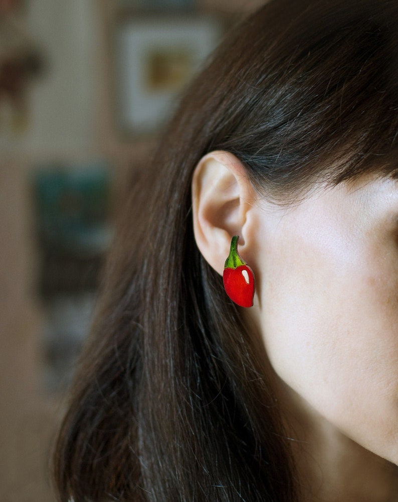 Chili Peppers Stud Earrings Hot Cherry Habanero Chile Wood Etsy
