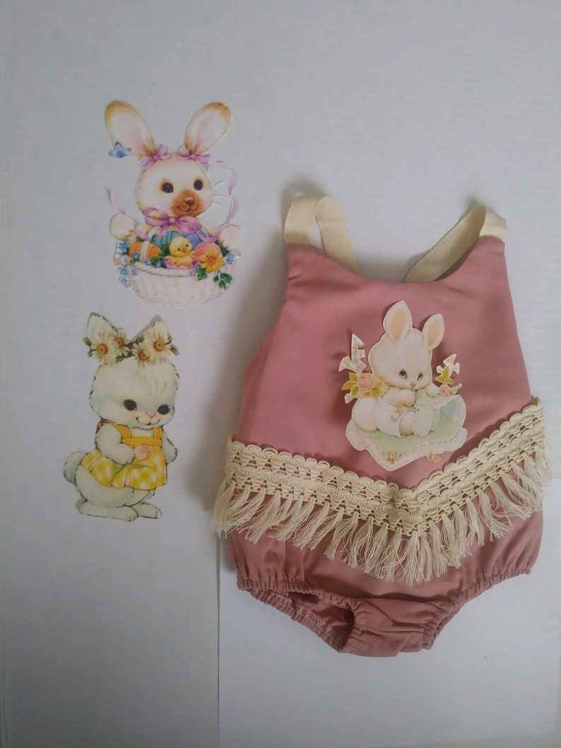 Mauve Pink Easter pic and fringe Boho Shabby Girl Baby Infant Birthday Outfit Romper