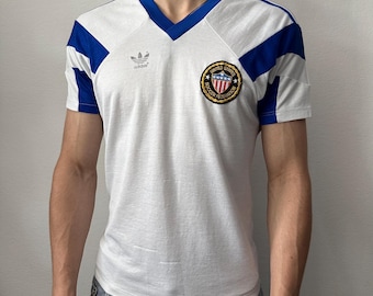 Vintage Adidas voetbalshirt uit 1990-92 van de VS met Trefoil-logo, gemaakt in West-Duitsland, jaren 90, nationaal team van de Verenigde Staten.