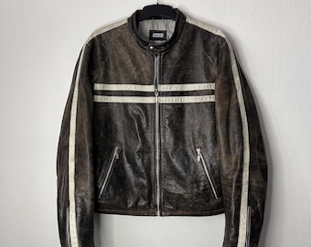 Mission Vintage Distressed Motorcycle Leather Cafe Racer Jacket Men's L Faded Brown Y2K Style