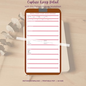 May include: A digital Medical Student Patient History Worksheet template featuring a brown border and pink horizontal lines for data entry. The document includes sections for patient details, medical history, medications, allergies, and physical exam notes.