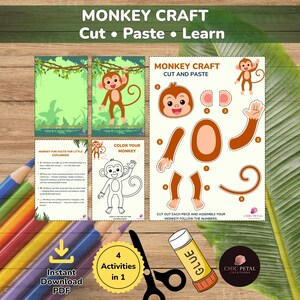 Peut inclure: Un ensemble d'activités manuelles sur le thème du singe comprenant des modèles à découper et coller, une page de coloriage et des faits amusants. Les feuilles présentent des parties du corps numérotées, un décor de jungle et des instructions.