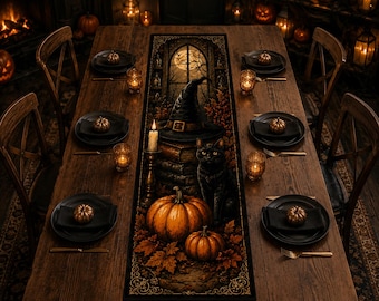 Witch Hat & Pumpkins Table Runner | Halloween Autumn Gothic Decor