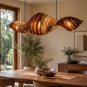 Sculptural Wave Wood Pendant Light – Large 3-Light Chandelier