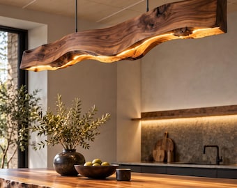 Lámpara colgante de nogal con borde natural hecha a mano, araña lineal de madera, iluminación rústica moderna para islas de cocina.