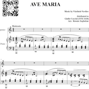 May include: A black and white musical score titled AVE MARIA, featuring music by Vladimir Vavilov, attributed to Giulio Caccini, and arranged by Renato Tagliabue. The sheet music includes a QR code, staff lines for soprano and piano, and notes.