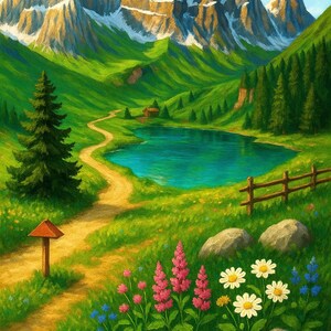 May include: A landscape painting featuring a winding dirt path leading towards a turquoise lake nestled in a valley. Tall, snow-capped mountains rise in the background, while the foreground displays pink and white wildflowers, rocks, and a wooden sign.