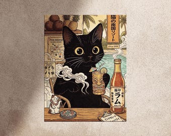 Retro Black Cat Ramen Poster – Japanese Tropical Resort Wall Art (Matt Poster Paper)