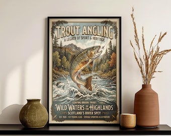 Vintage Fishing Poster - Trout - Fathers Day - Angling - Man Cave - Wild Water - Highlands - Scotland
