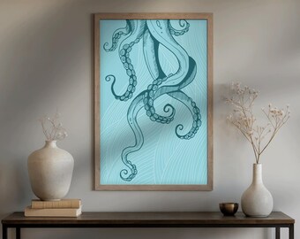 Kraken, Octopus, Sea, Ocean, Blue, Abstract, Tentacles, Illustration