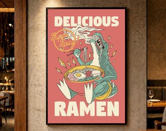 Delicious Ramen Dinosaur Art Print - Super Spicy Cafe Poster - Bowl of Noodles